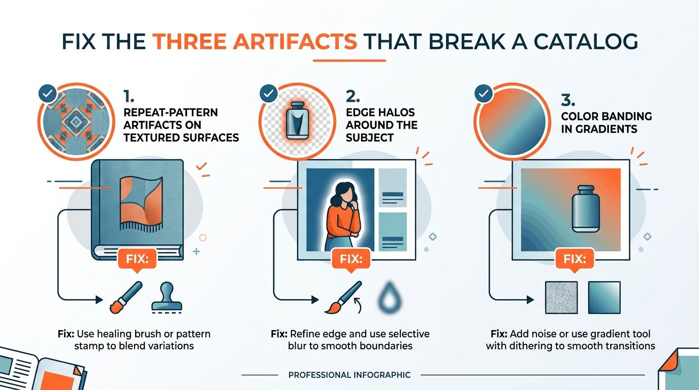 An infographic showing three common image editing artifacts and their professional Photoshop correction techniques.