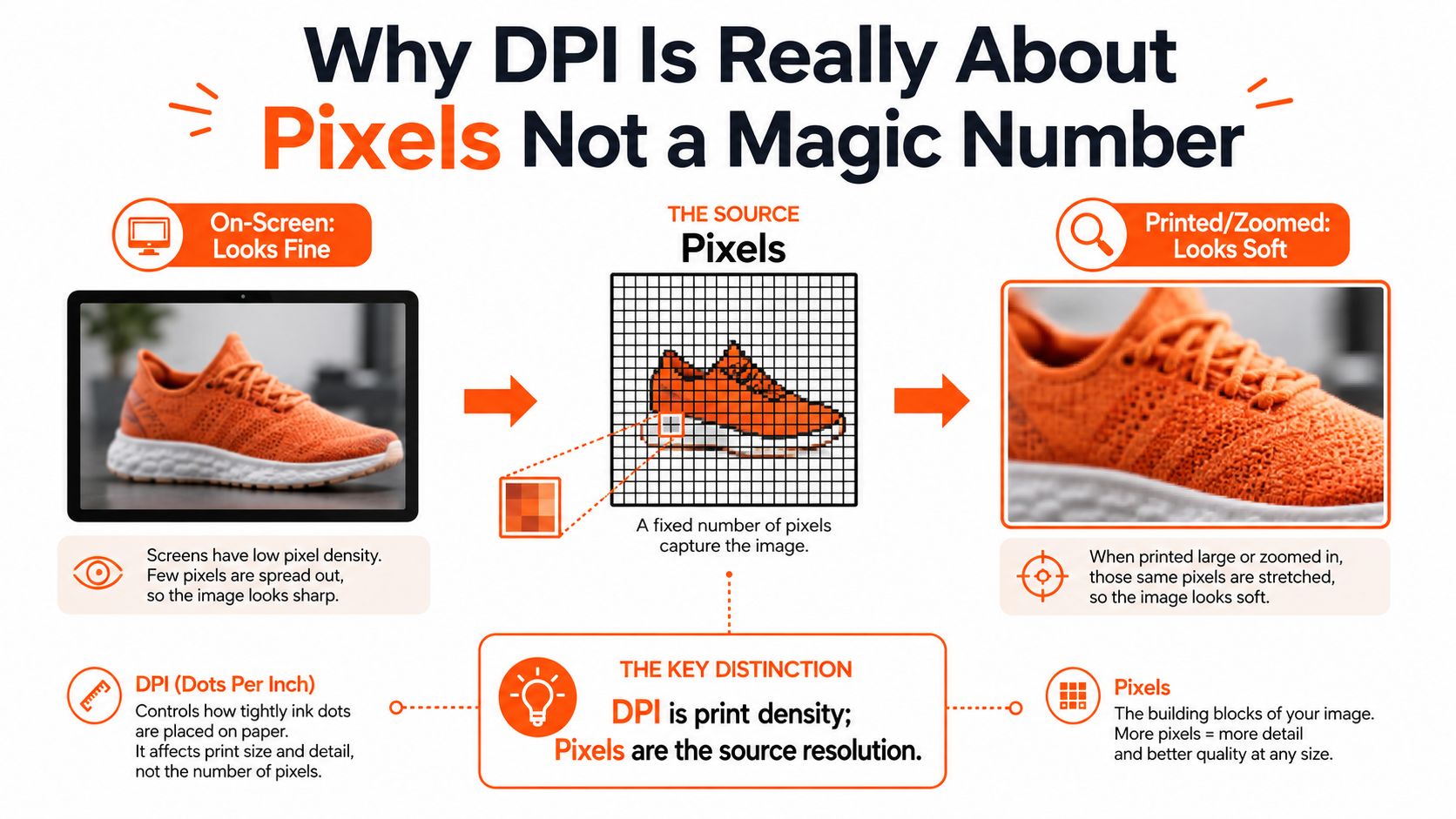 An infographic explaining how image pixels and DPI affect print quality and screen sharpness differently.