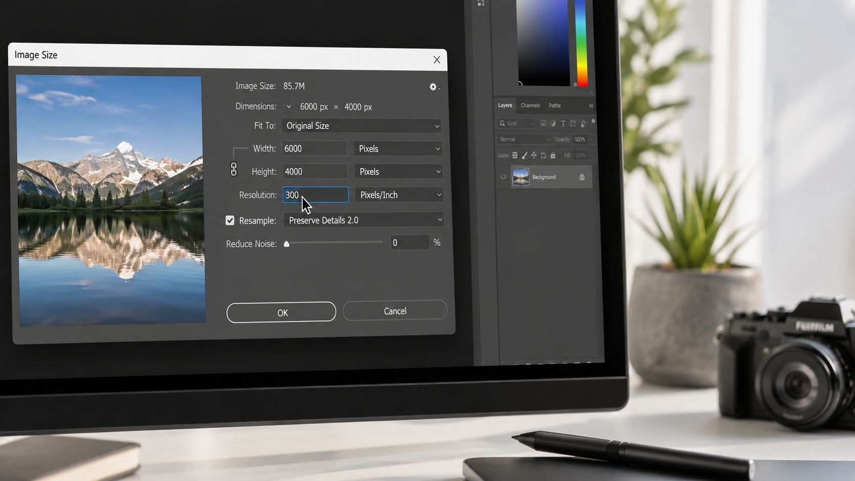 A close-up view of Adobe Photoshop interface showing the image size adjustment dialog window on a computer screen.