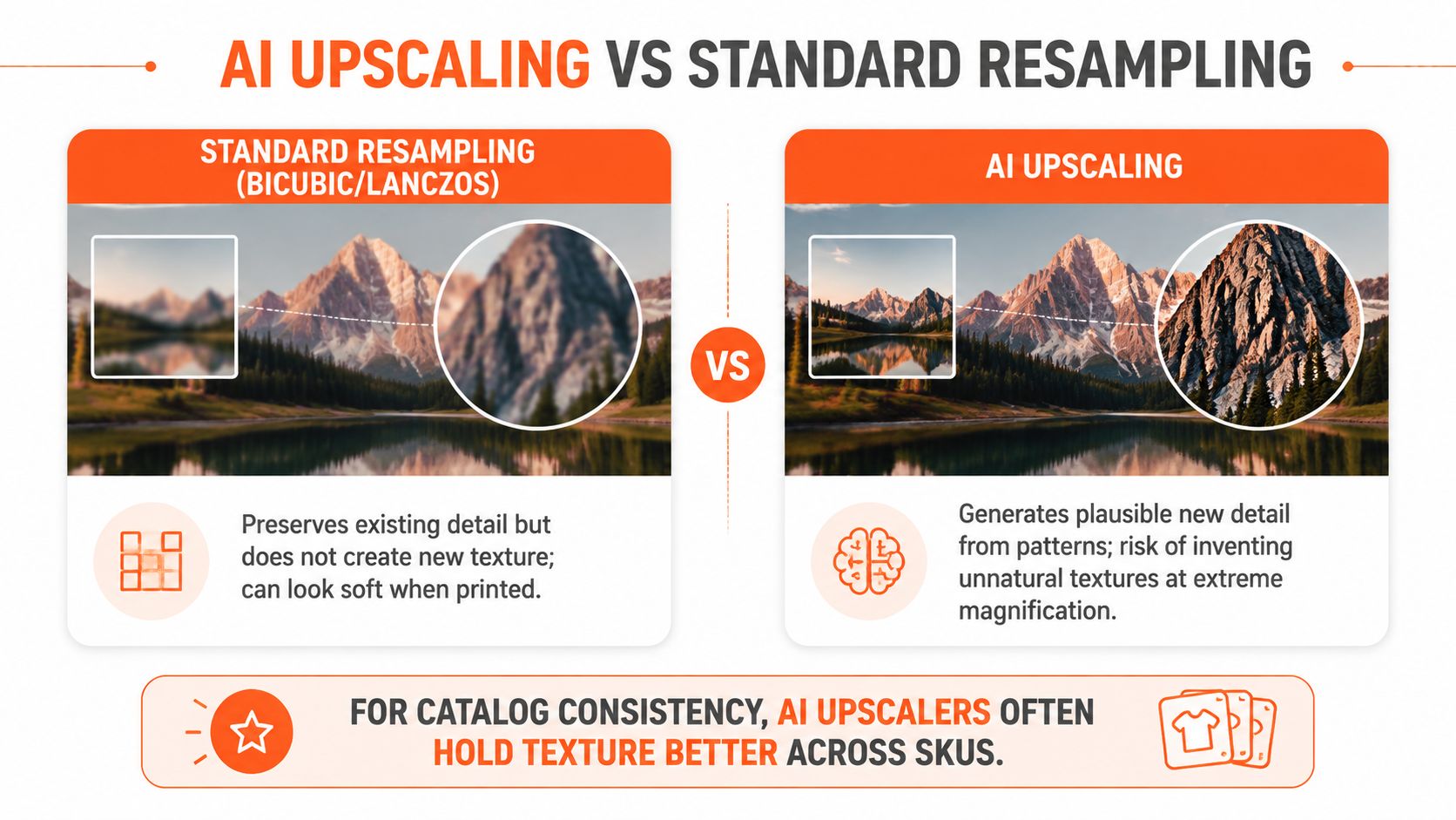 A comparison graphic showing the visual difference between standard resampling and AI upscaling for image quality.