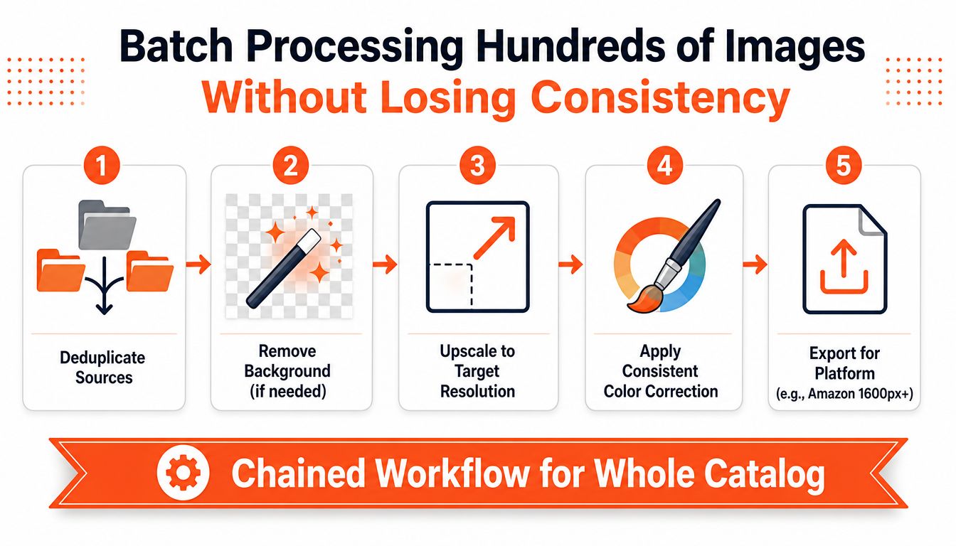 A five-step flowchart illustrating a chained workflow for batch processing and optimizing hundreds of images for e-commerce.