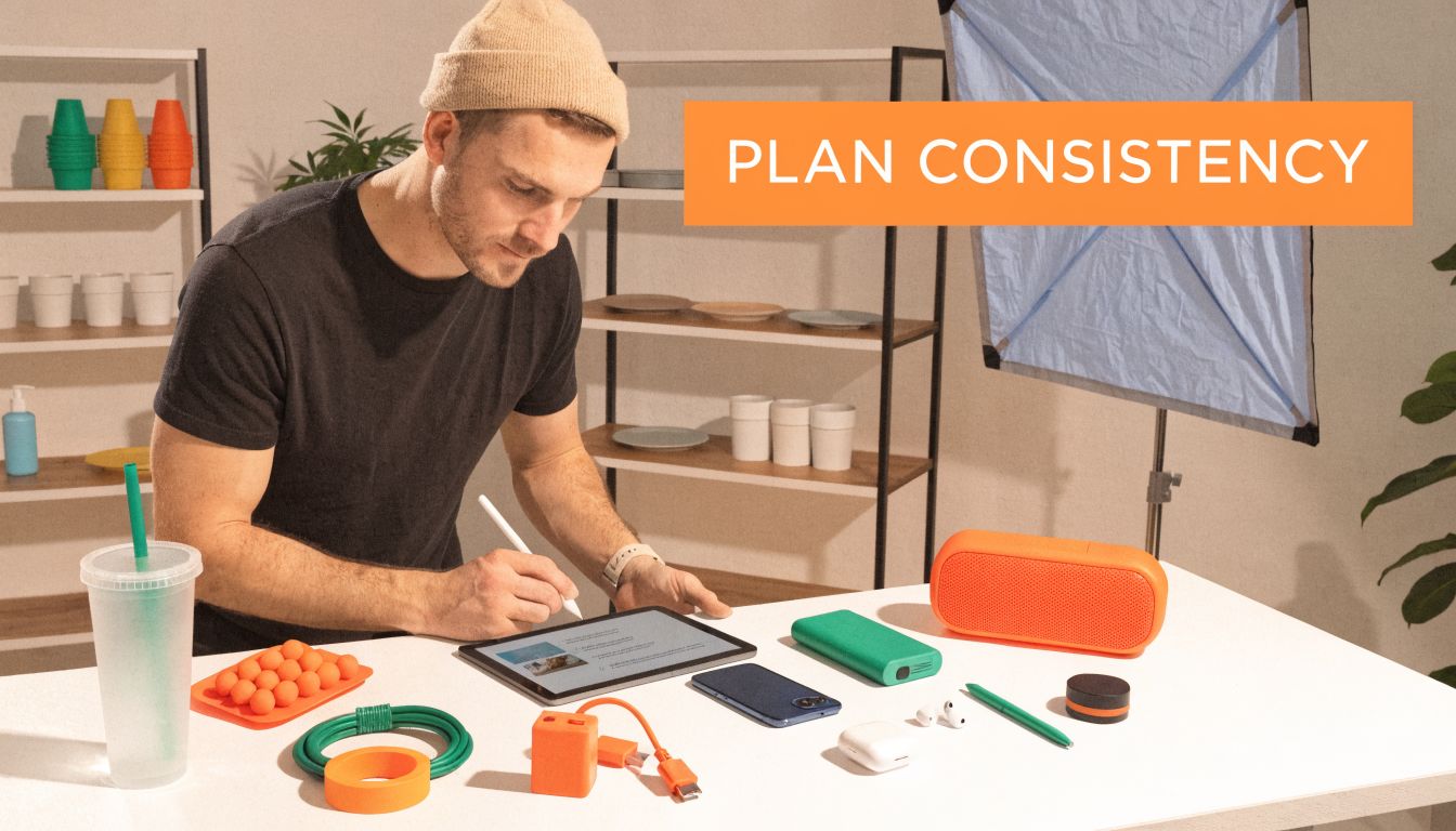 A designer wearing a beanie works on a tablet at a desk with professional product photography gear.