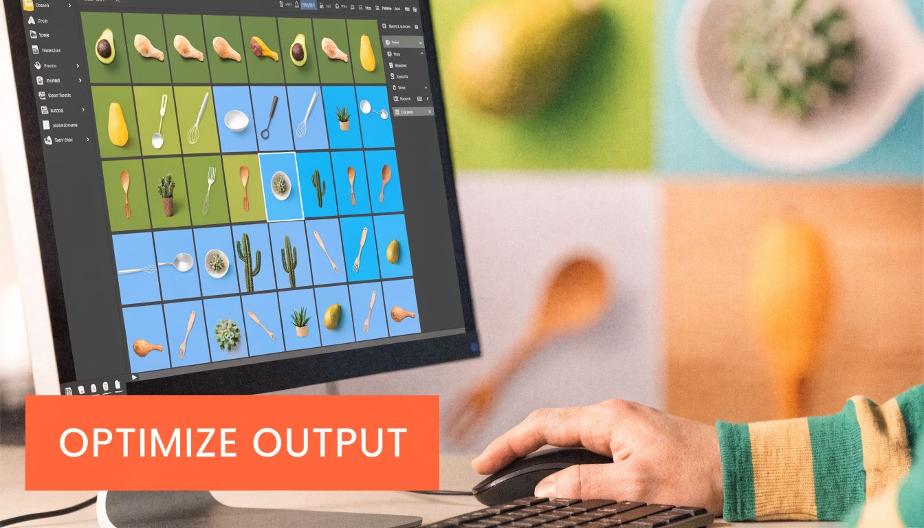 A person using a computer to edit and organize a grid of product food photography images.