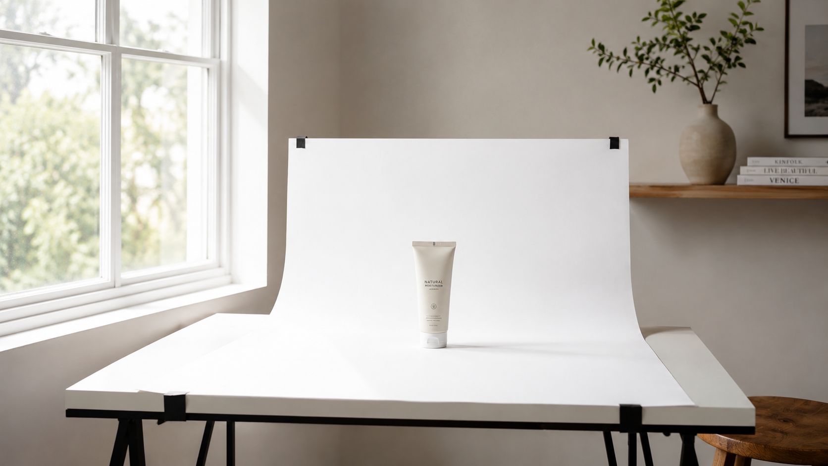A beige cosmetic tube placed on a white backdrop on a table for product photography at home.