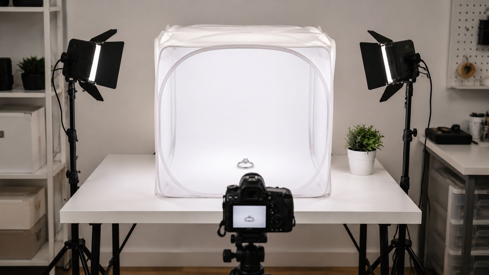 A professional product photography setup with a camera on a tripod capturing a ring in a light box.