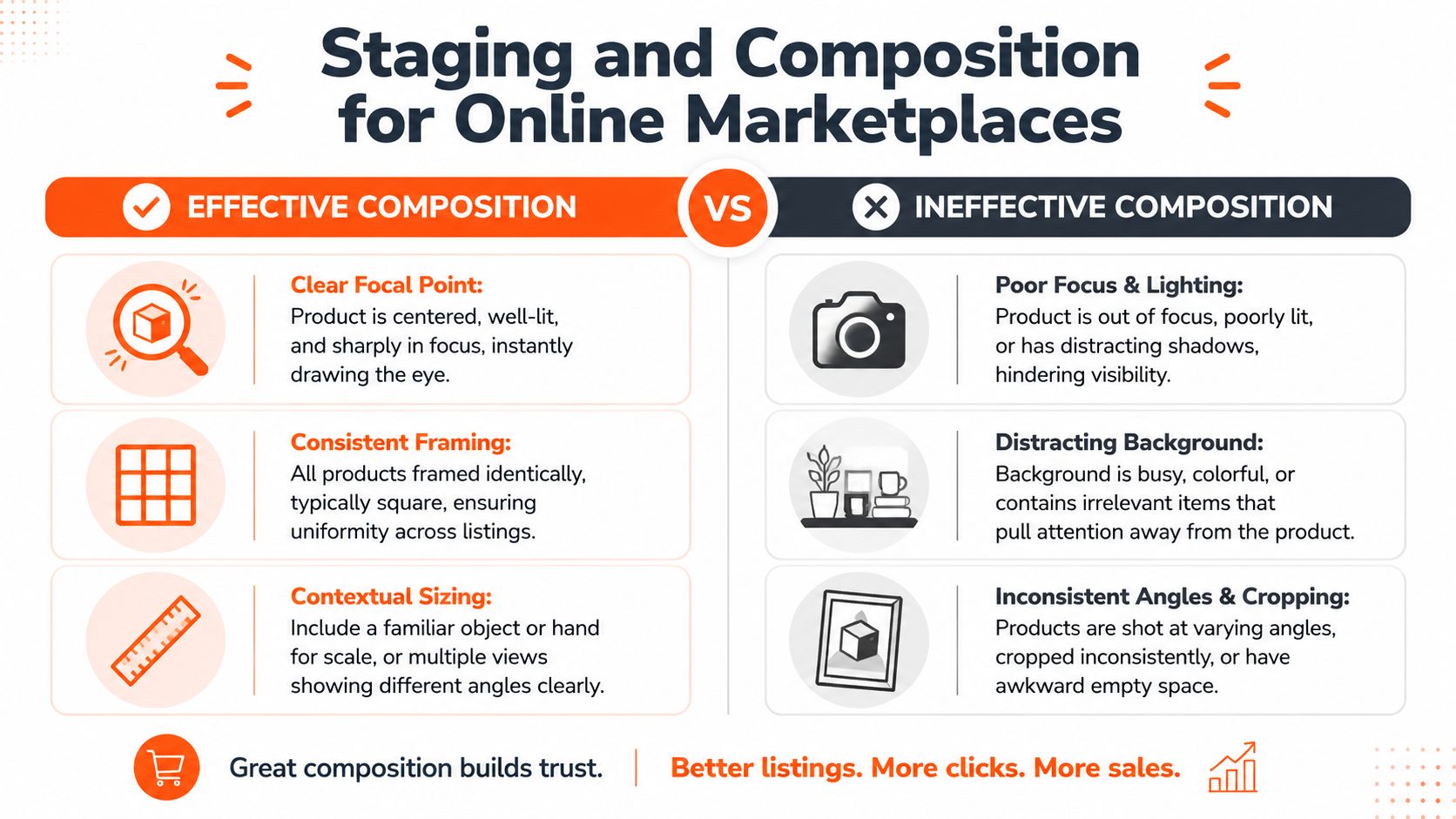 A comparative infographic illustrating effective versus ineffective product photography composition techniques for online marketplace listings.