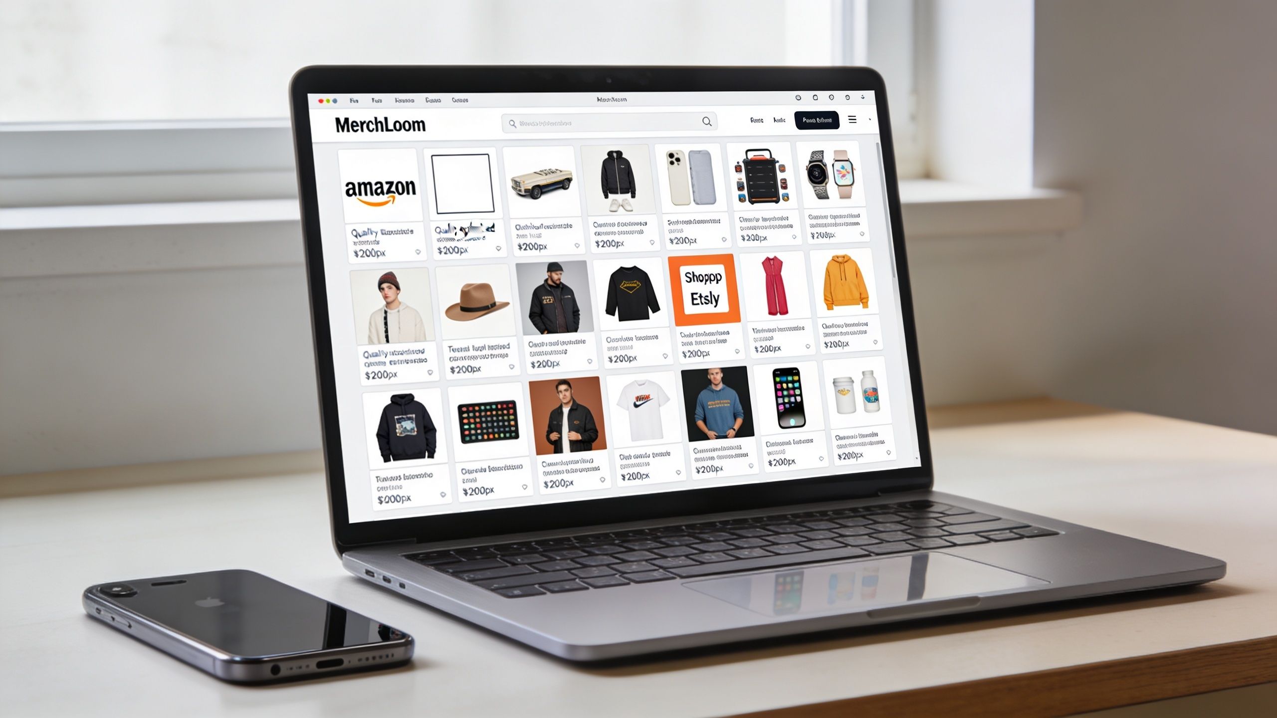 A modern laptop displaying an online storefront website, sitting on a wooden desk next to a smartphone.