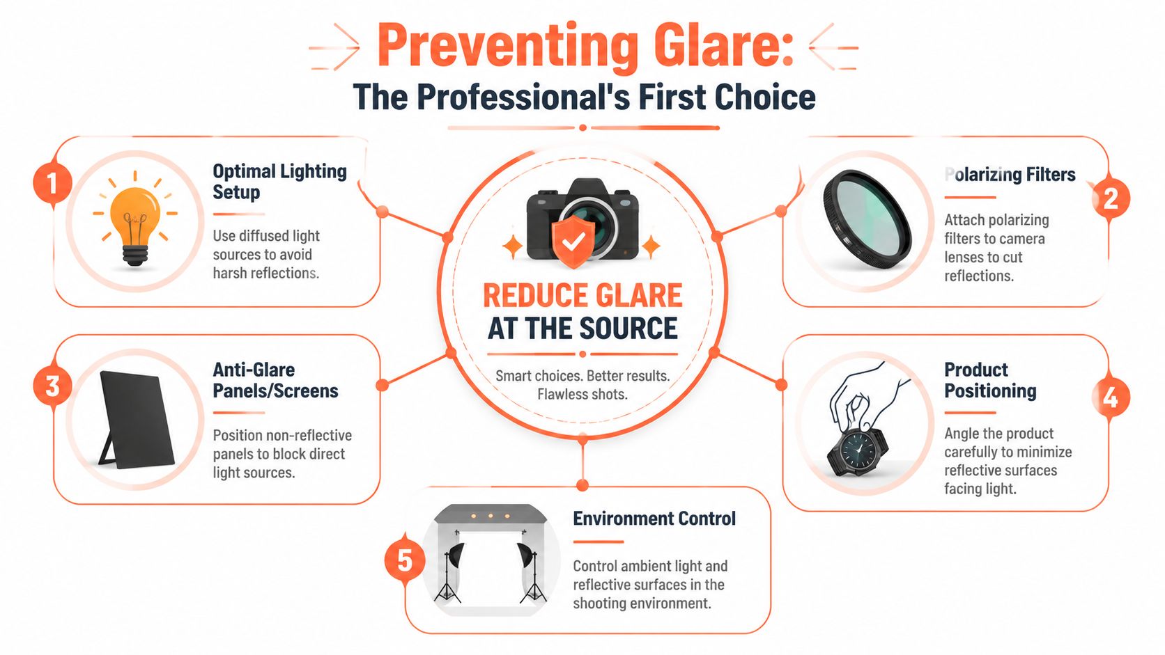 A professional infographic illustrating five effective methods to reduce glare when taking product photography photos.