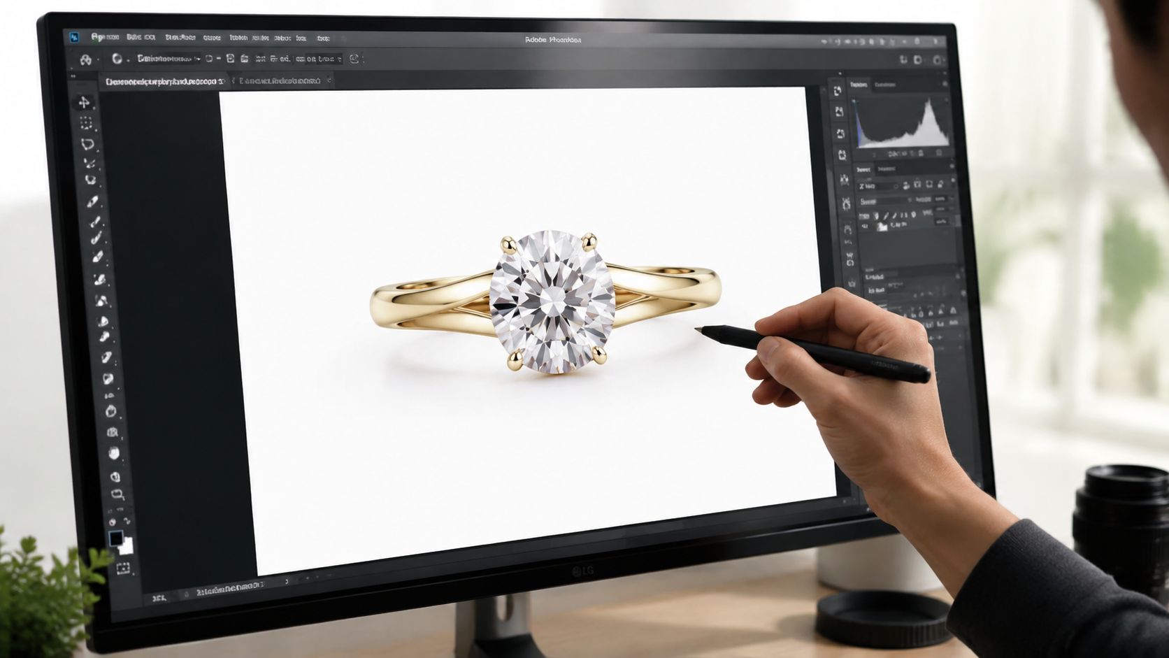 A digital artist using a stylus to edit a gold diamond ring image on a computer monitor.
