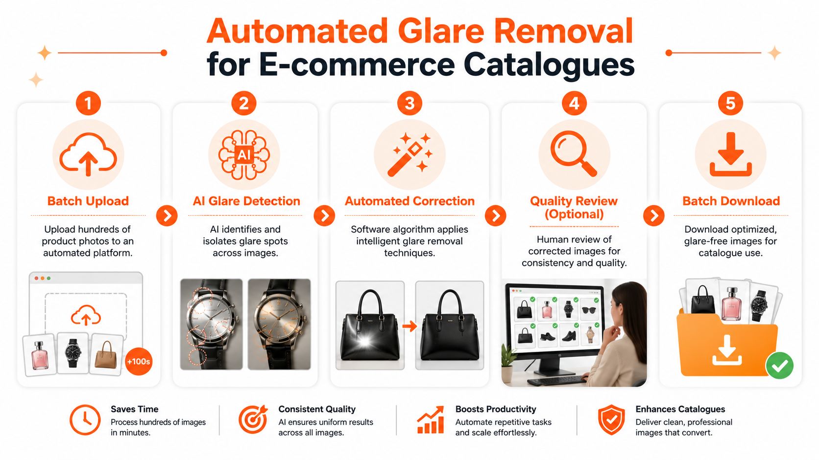 A diagram illustrating a five-step automated process for removing glare from e-commerce product photos using AI.