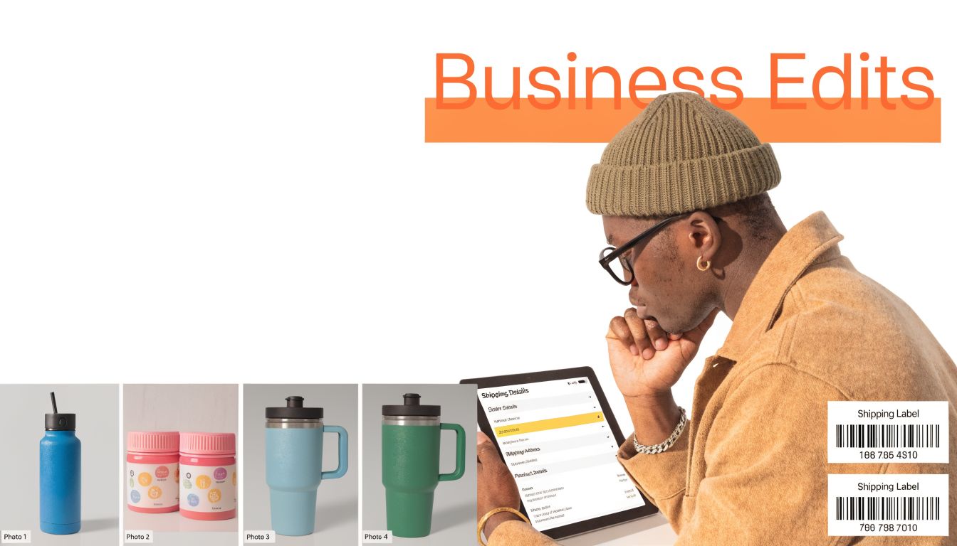 A man in a tan coat and beanie examines digital business shipping documents on a digital tablet.