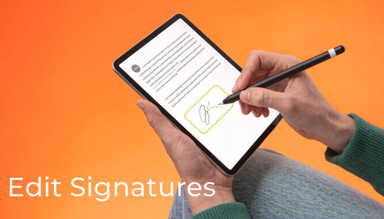 A person using a stylus on a tablet screen to sign a digital document over an orange background.