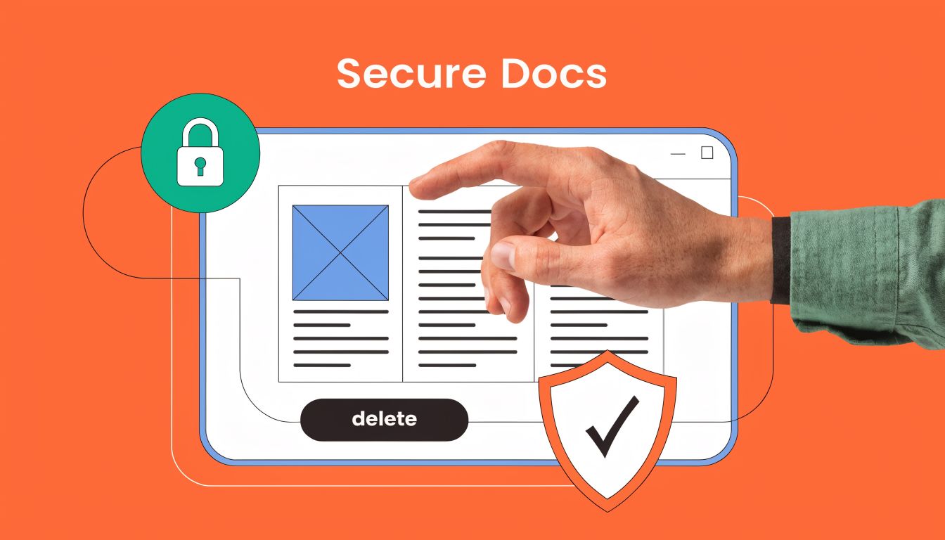 A hand hovering over a secure document interface with a lock icon and a checkmark shield icon.