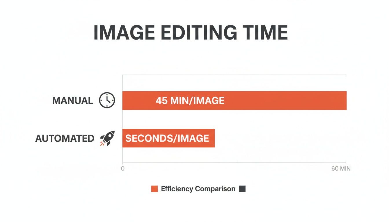 Bar chart comparing manual (45 minutes) versus automated (seconds) image editing time, highlighting efficiency.
