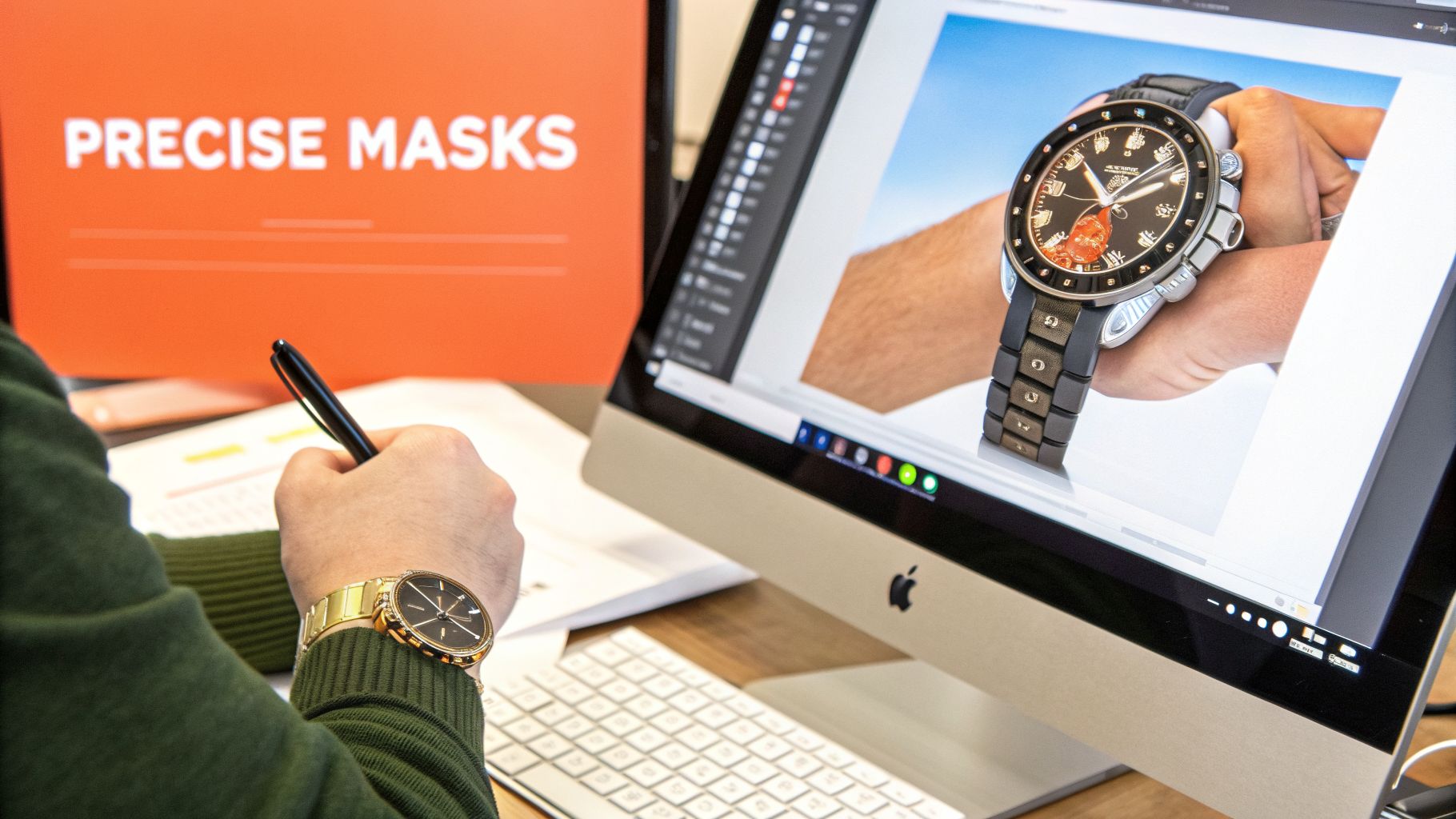 Person editing a wristwatch image on an Apple iMac computer, with 'PRECISE MASKS' visible in the background.
