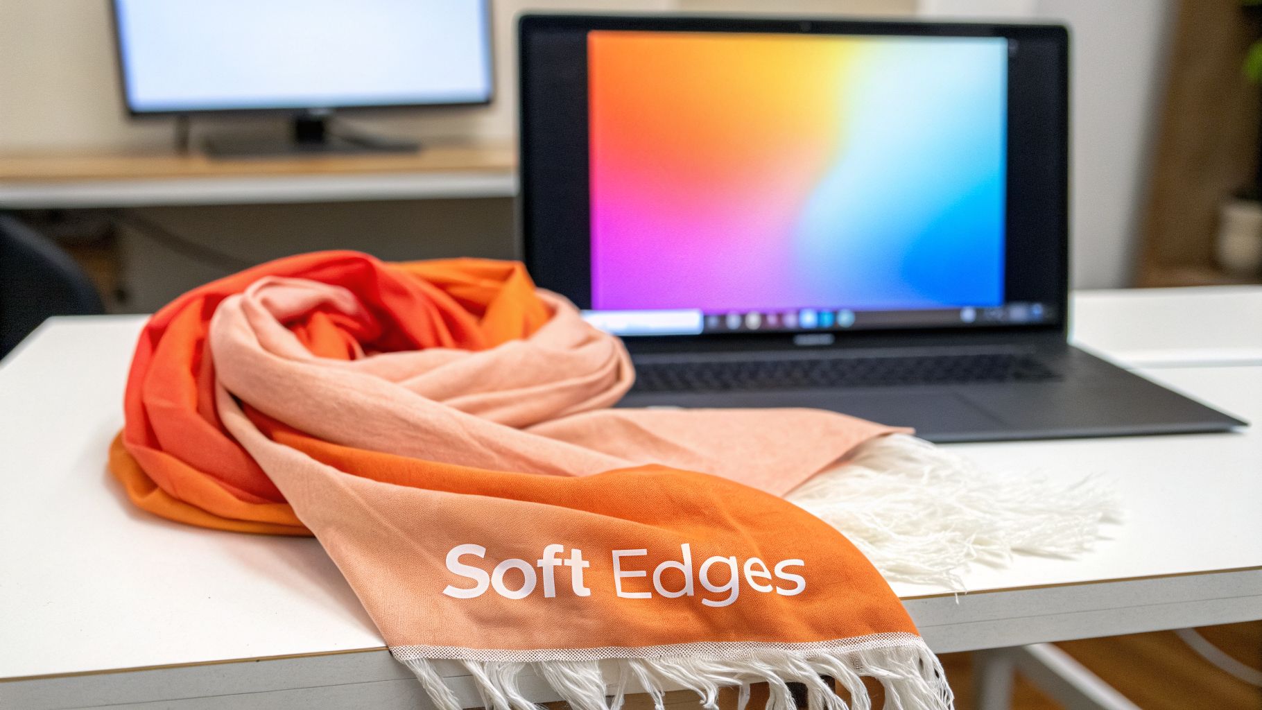 A colorful orange and pink scarf with “Soft Edges” text next to a laptop on a white table.
