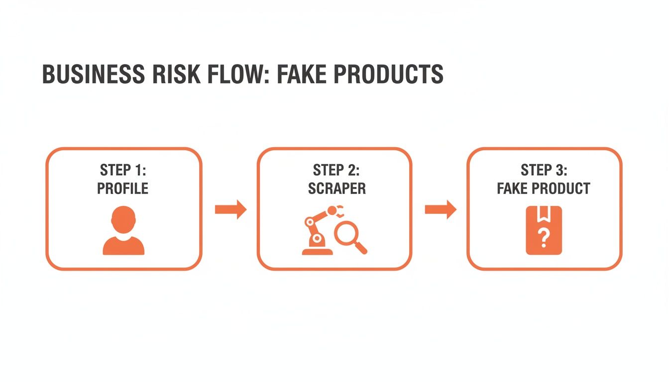 Diagram illustrating the business risk flow for fake products, showing steps like profile, scraper, and fake product.