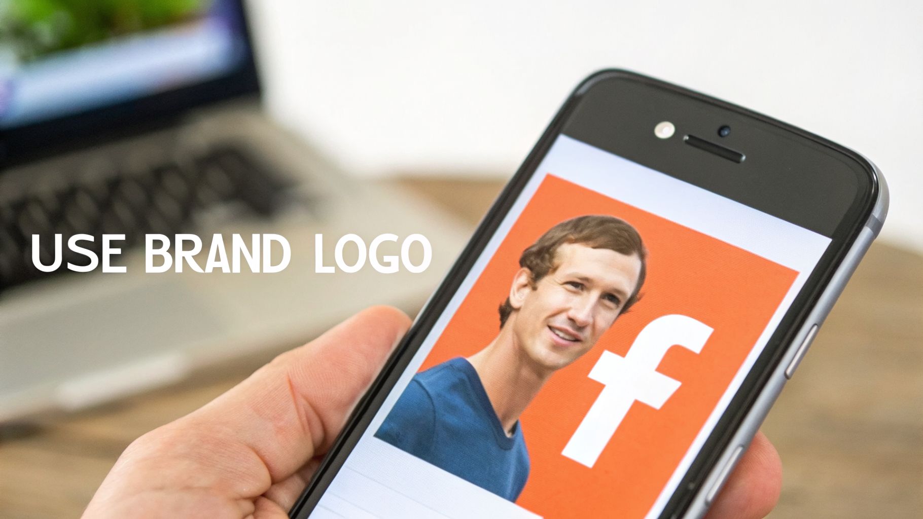 Hand holding smartphone showing Mark Zuckerberg with Facebook logo, promoting the use of brand logos.
