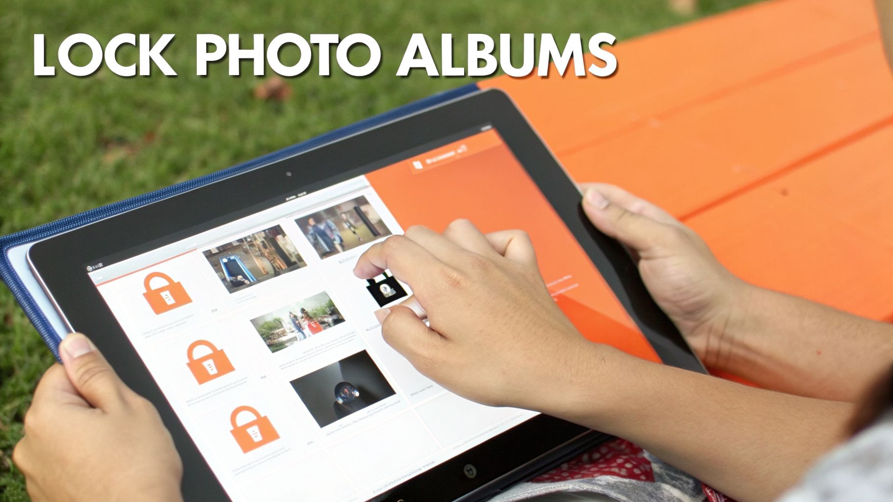 A person's hands interact with a tablet displaying locked photo albums outdoors on a sunny day.
