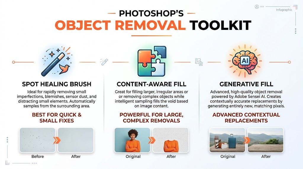 An infographic illustrating Adobe Photoshop's object removal toolkit featuring the Spot Healing Brush, Content-Aware Fill, and Generative Fill.