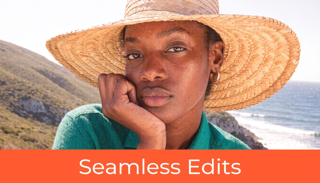A portrait of a woman wearing a straw hat while resting her chin on her hand outdoors.