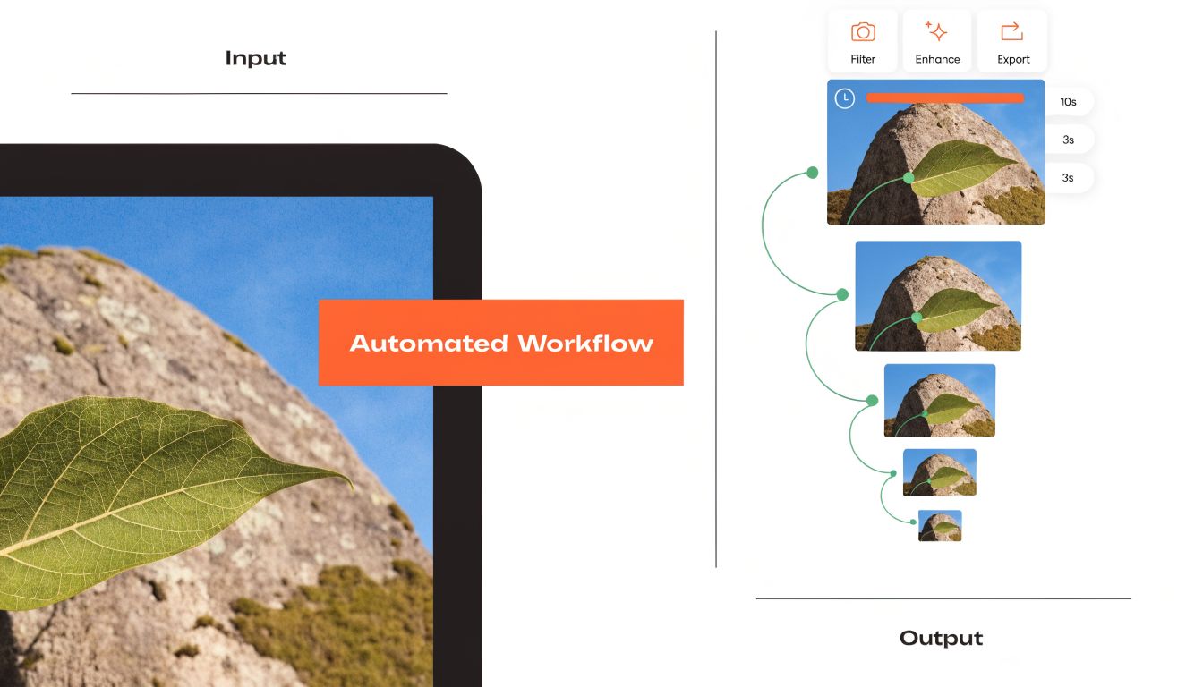 An illustration showing an automated workflow in photo editing software, scaling an image with a rock and leaf.