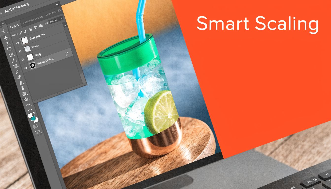 A laptop screen displaying Adobe Photoshop software interface showing smart object layering for a drink image.