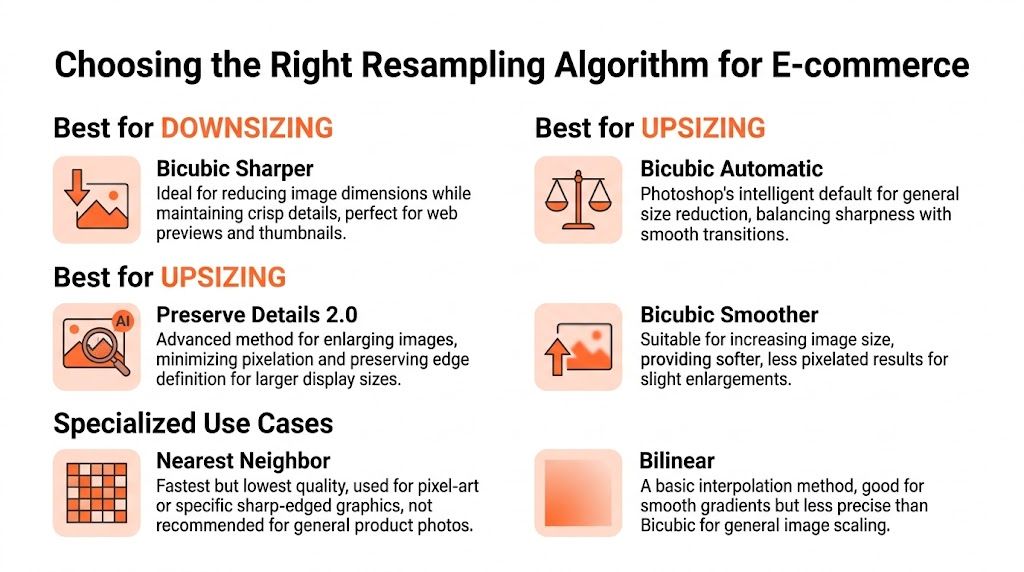 A guide illustrating different Photoshop resampling algorithms for downsizing or upsizing product photos for e-commerce.
