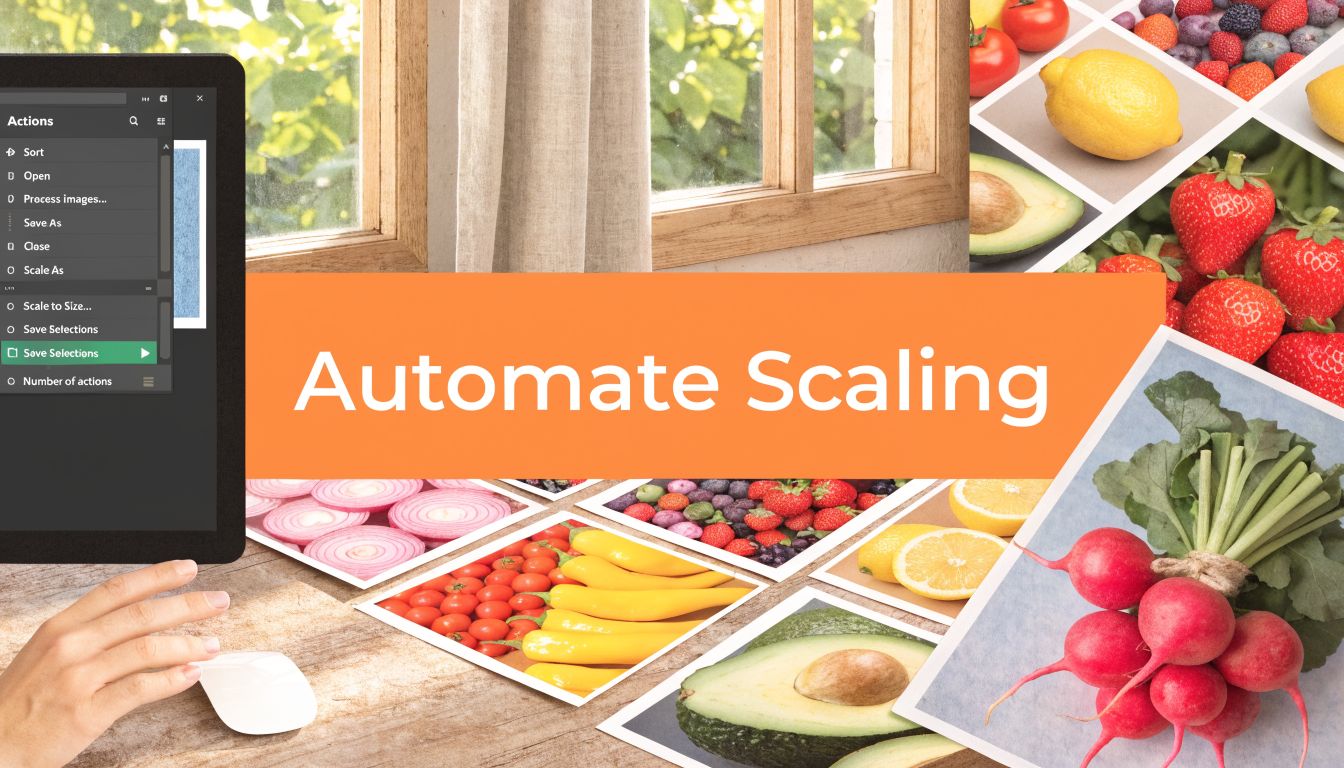 A digital screen showing a Photoshop automation menu alongside a table covered with various food photography prints.
