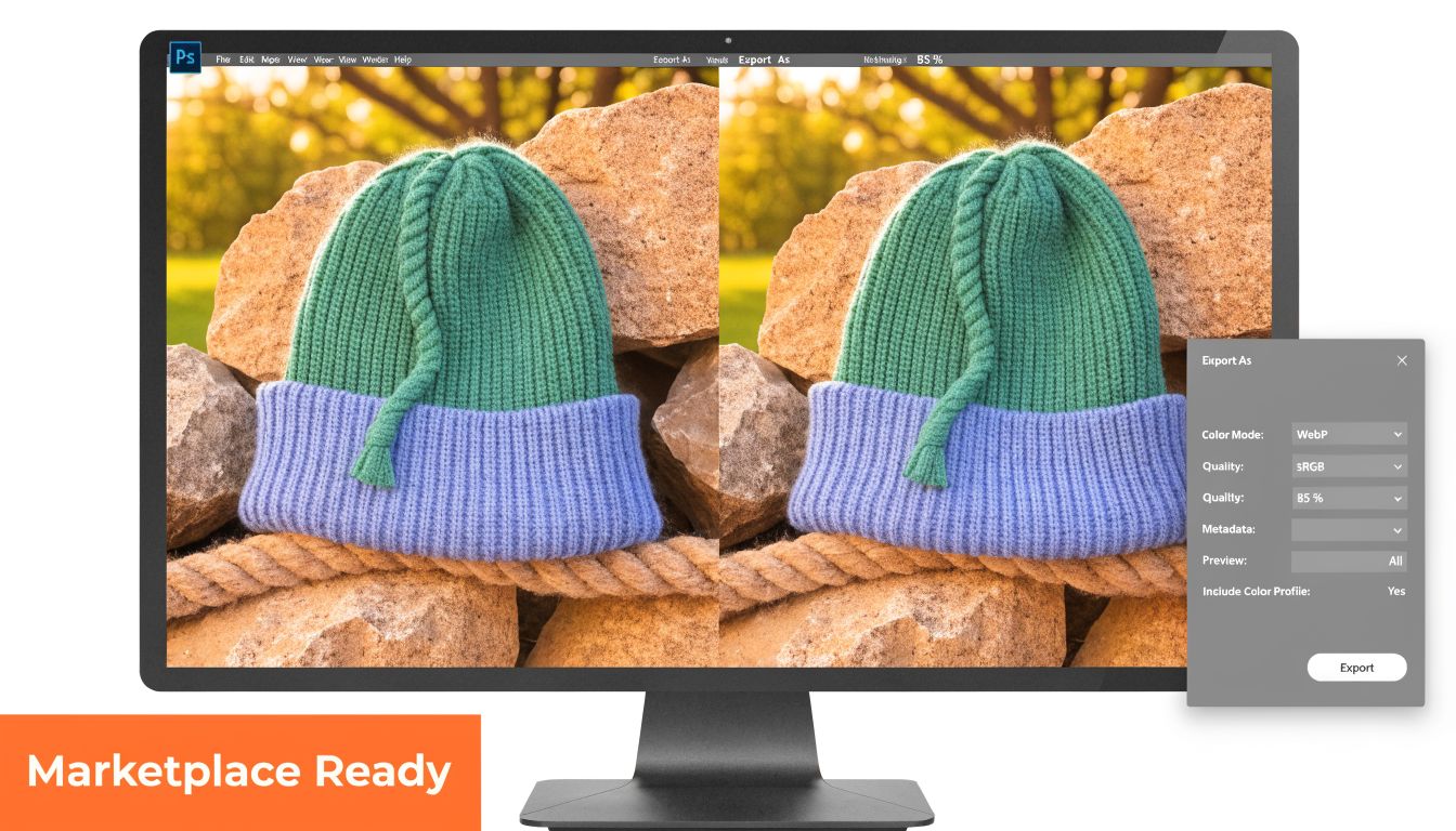 A computer screen showing Adobe Photoshop editing software with a knit hat image ready for export.