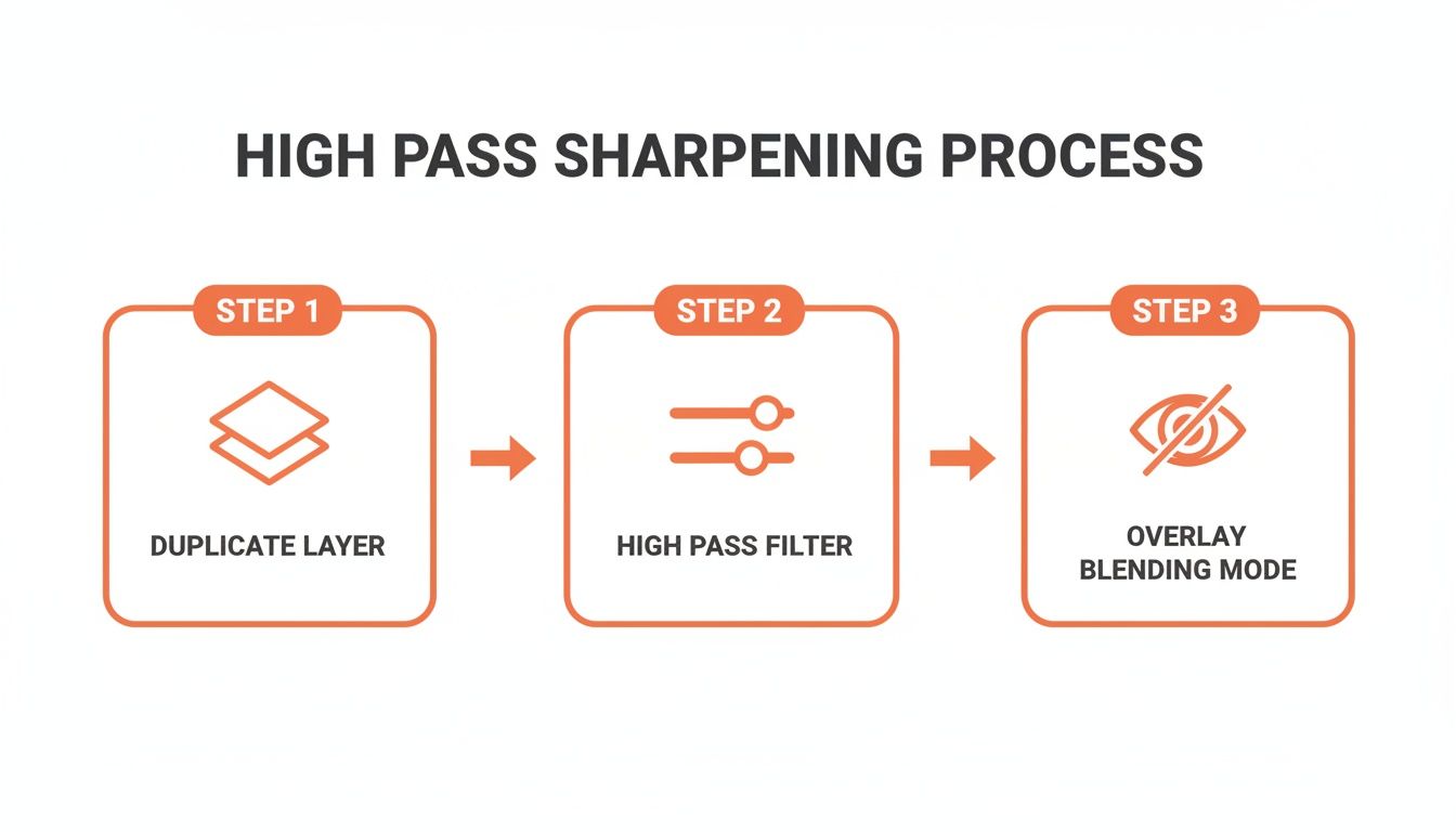 A three-step infographic detailing the high pass sharpening process: duplicate layer, high pass filter, and overlay blending mode.