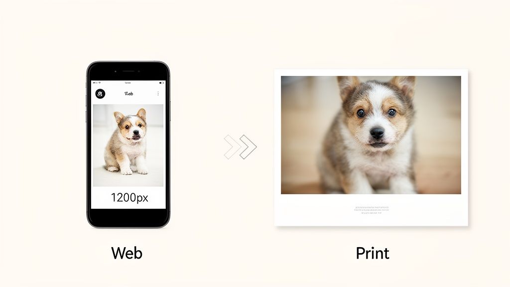 A smartphone showing a puppy image for web at 1200px, compared to a high-resolution print.