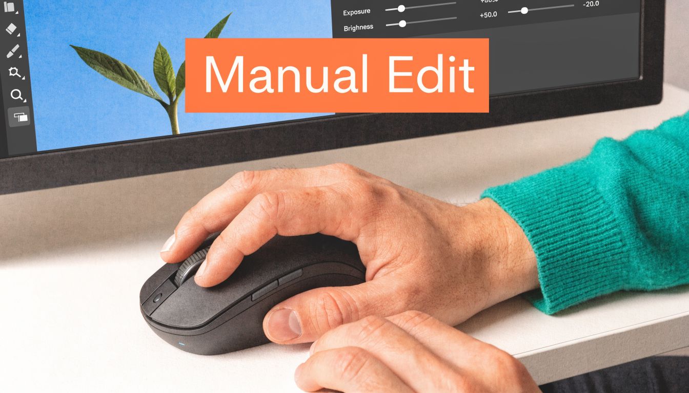 A close-up view of a person using a computer mouse to edit photos on a monitor.