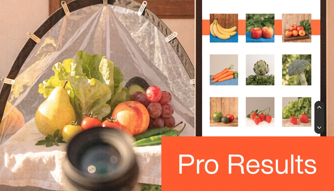 A camera lens photographing fresh fruits and vegetables displayed inside a portable light tent for professional results.