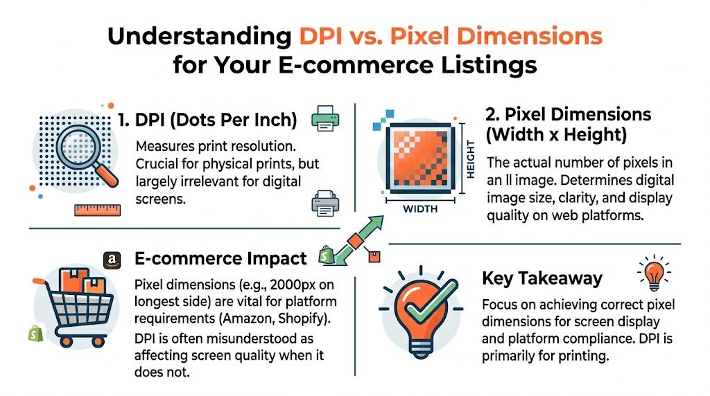 An infographic explaining the difference between DPI and pixel dimensions for e-commerce product images.