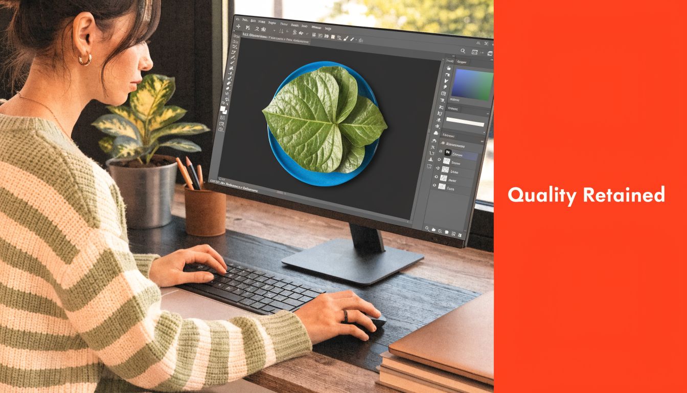 A woman working at a computer desk, editing a photo of green leaves in professional software.