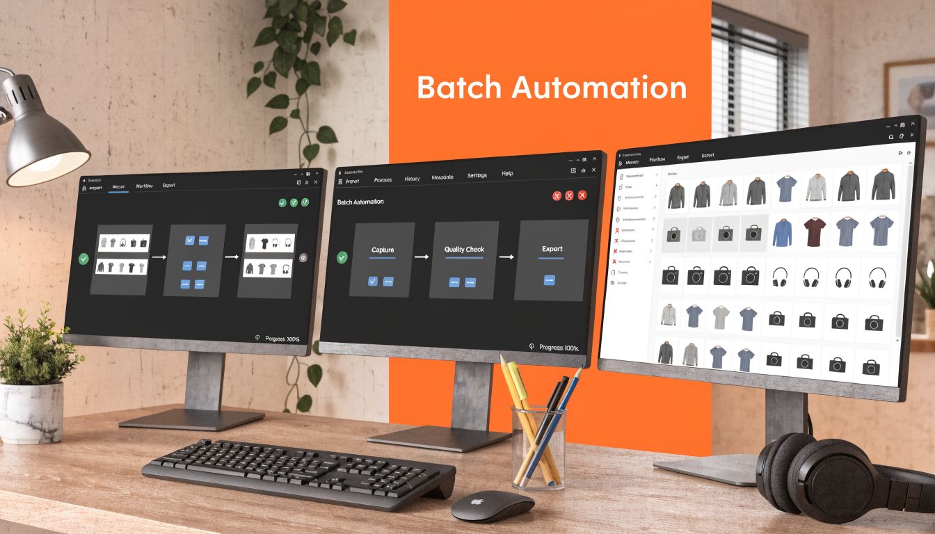 Three computer monitors on a wooden desk showing batch automation software for product image processing and editing.