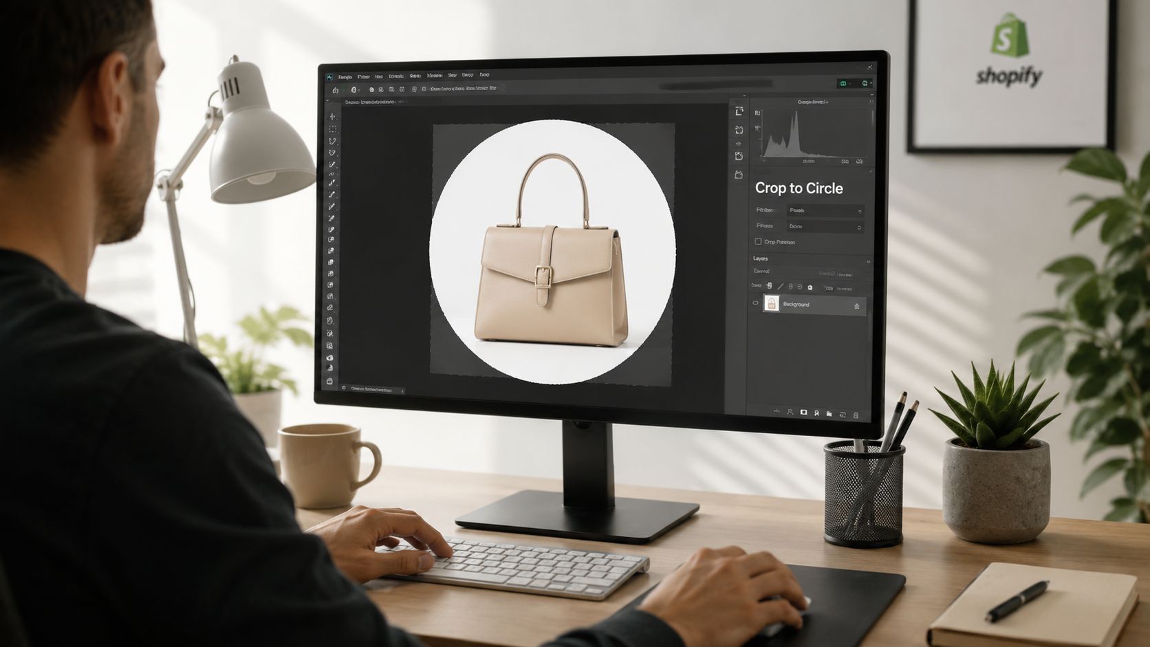 A person editing a product image of a tan handbag within a circle on a computer screen.