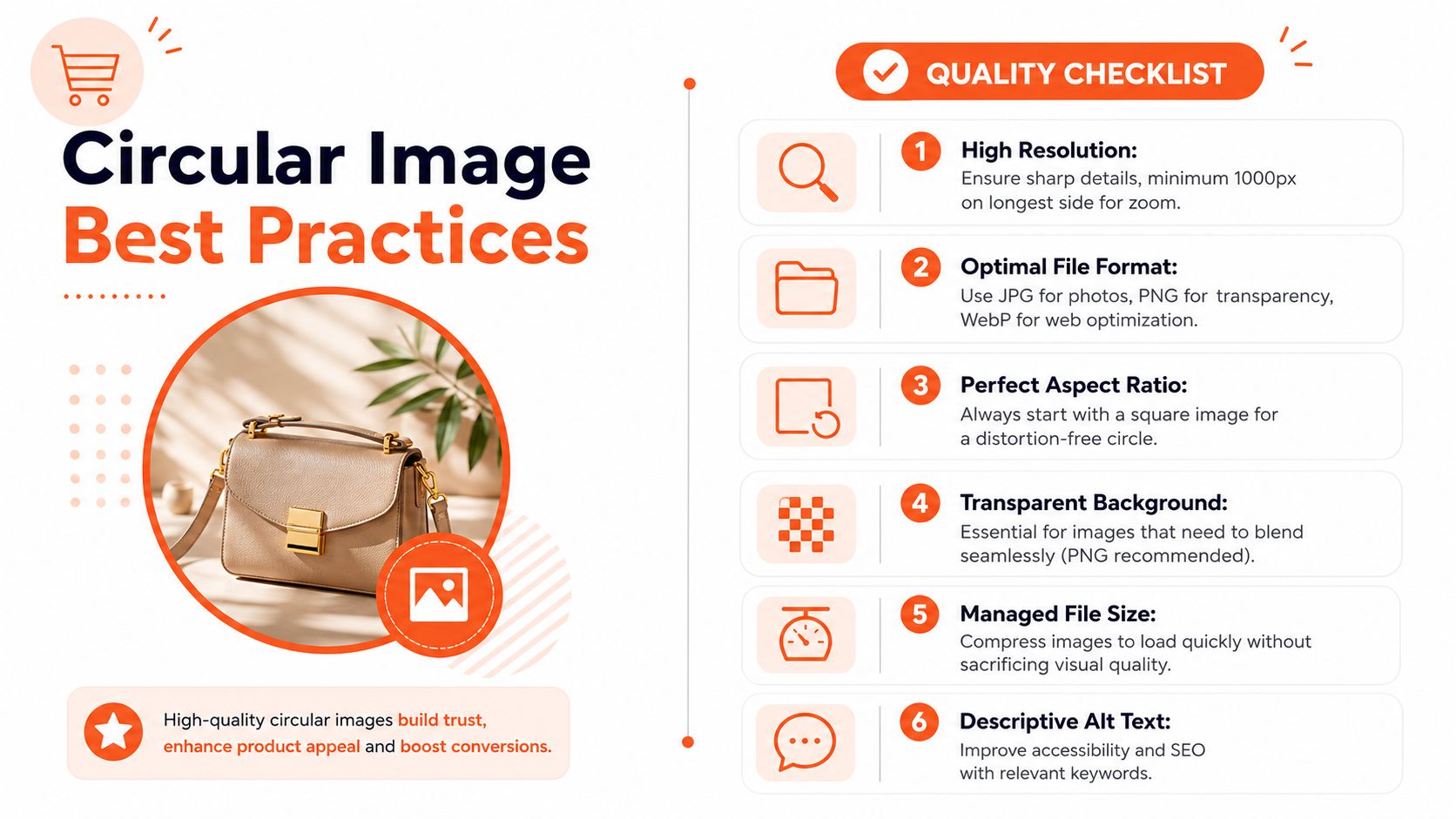 A professional infographic illustrating best practices for creating high-quality circular product images for e-commerce websites.