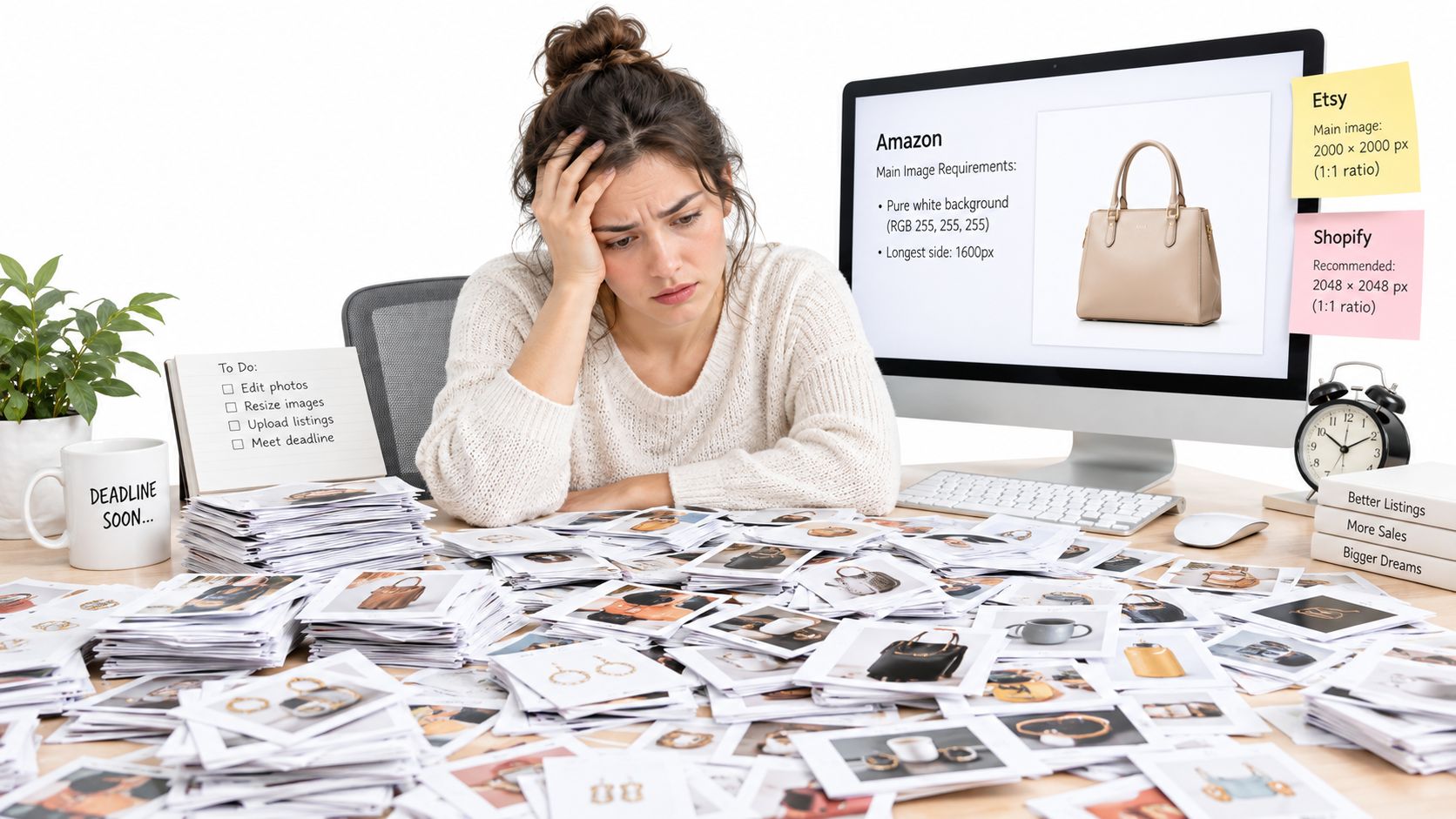 A stressed woman sitting at a desk overwhelmed by a large pile of product photographs to edit.