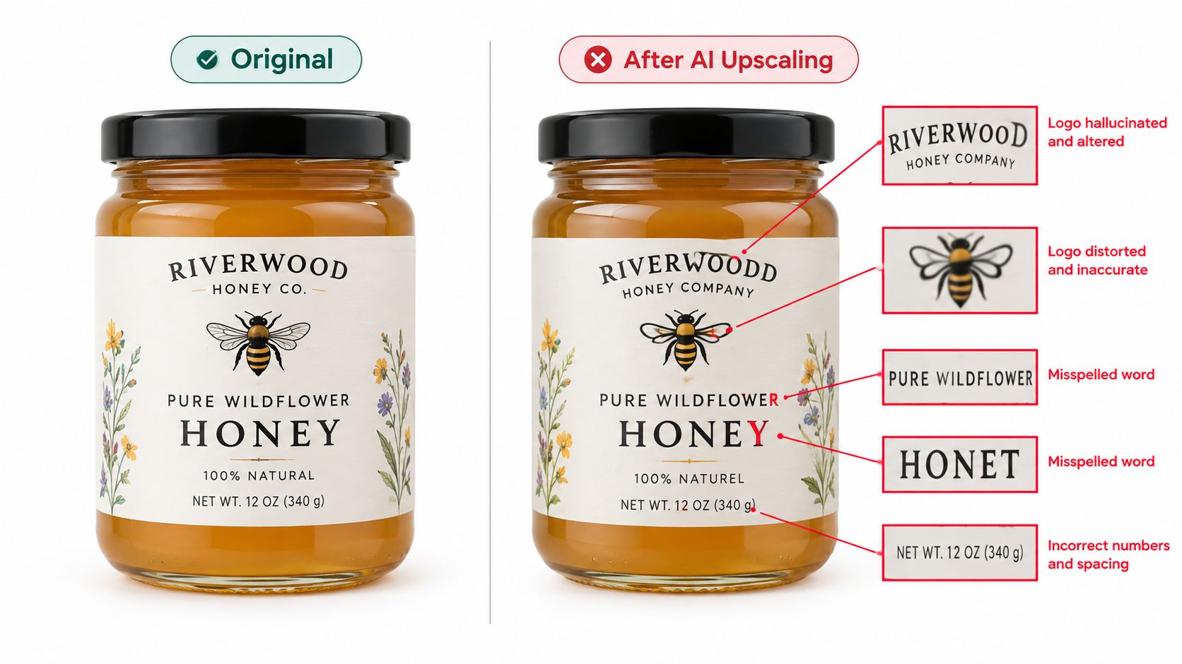 A comparison showing an original honey label versus an AI-upscaled version containing text and logo distortions.