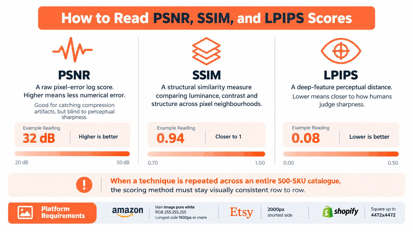An infographic explaining how to interpret PSNR, SSIM, and LPIPS image quality assessment metrics for digital content.