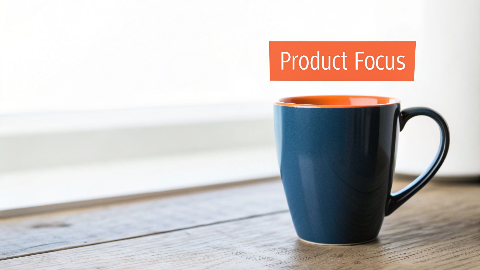 A blue and orange mug on a wooden table with 'Product Focus' text against a white background.
