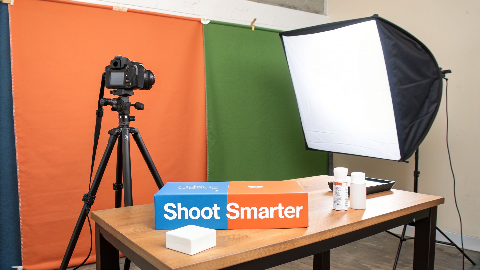 A complete product photography setup featuring a camera on a tripod, studio lighting, and a “Shoot Smarter” box on a wooden table.