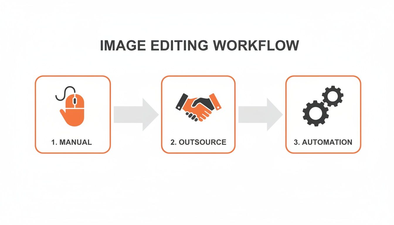 A visual workflow diagram illustrating three image editing methods: manual, outsource, and automation.