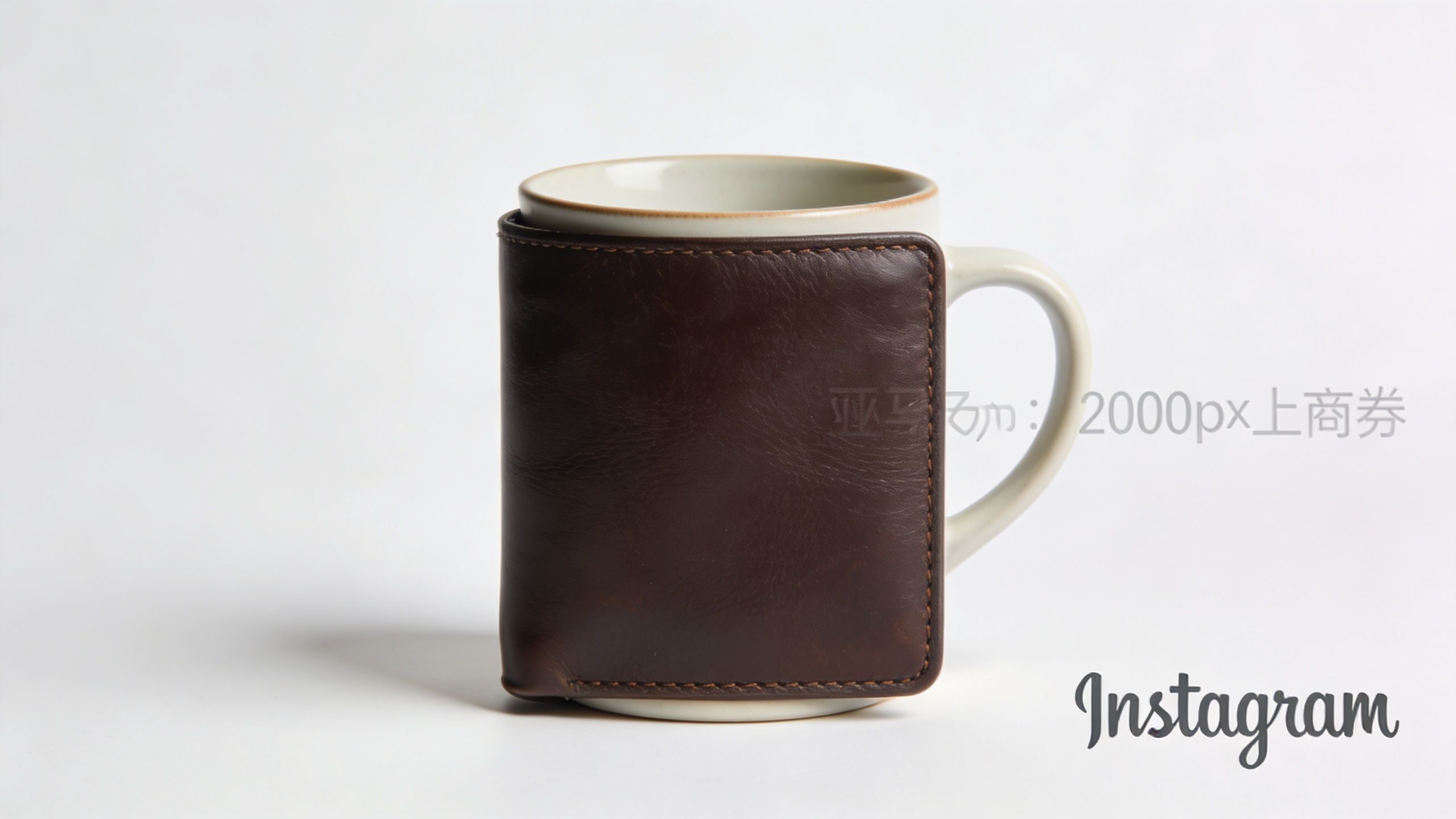A ceramic coffee mug wrapped in a protective dark brown leather sleeve against a white background.
