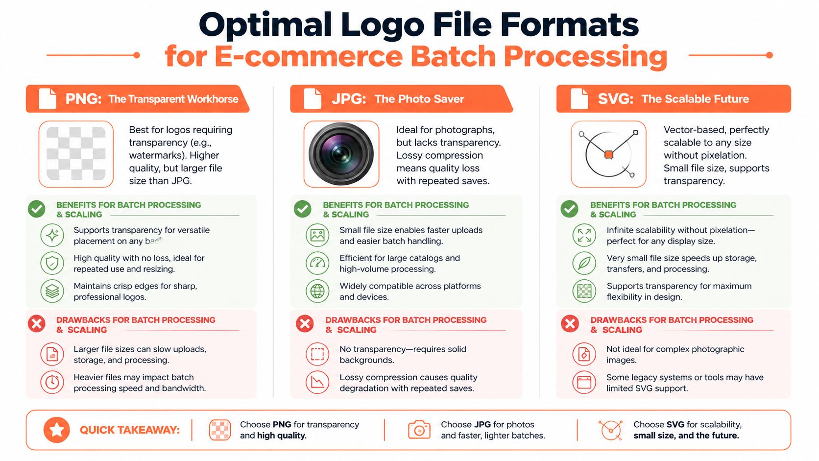 An infographic titled Optimal Logo File Formats comparing PNG, JPG, and SVG for e-commerce batch processing tasks.