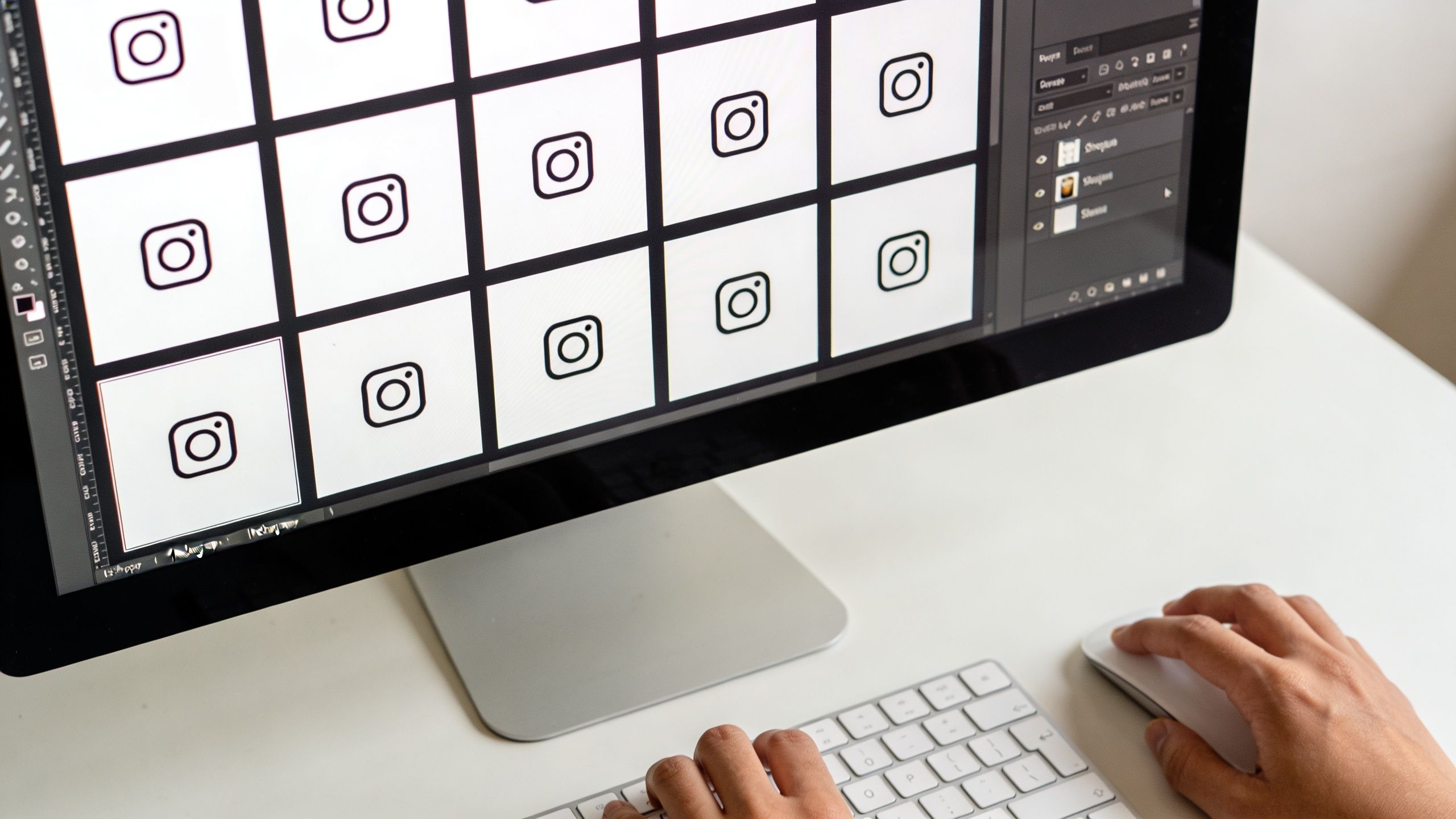 A designer works on a computer screen displaying multiple Instagram logo icons in a grid layout.