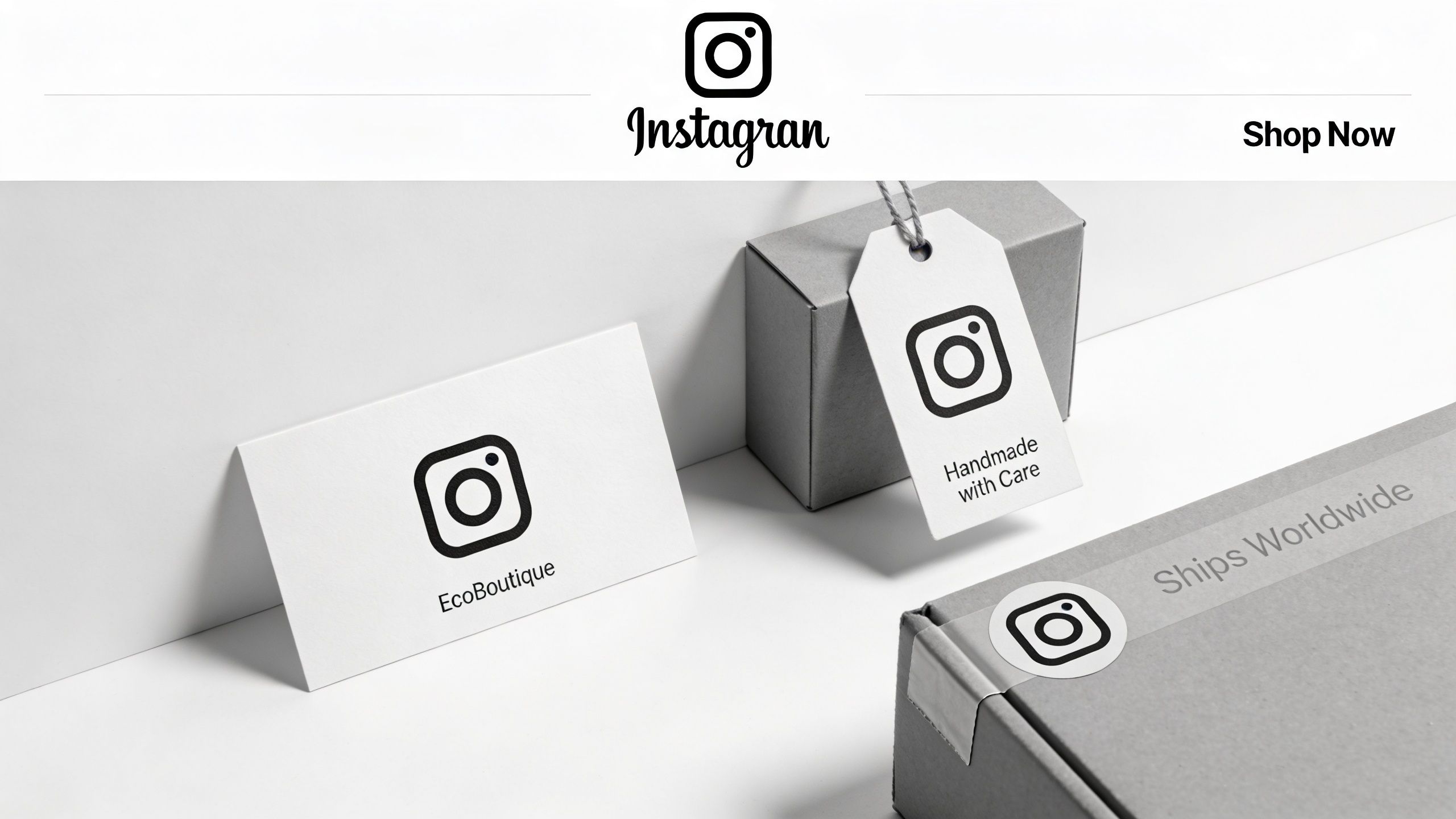 A product mockup display featuring Instagram logos on branding tags, a shipping box, and a business card.