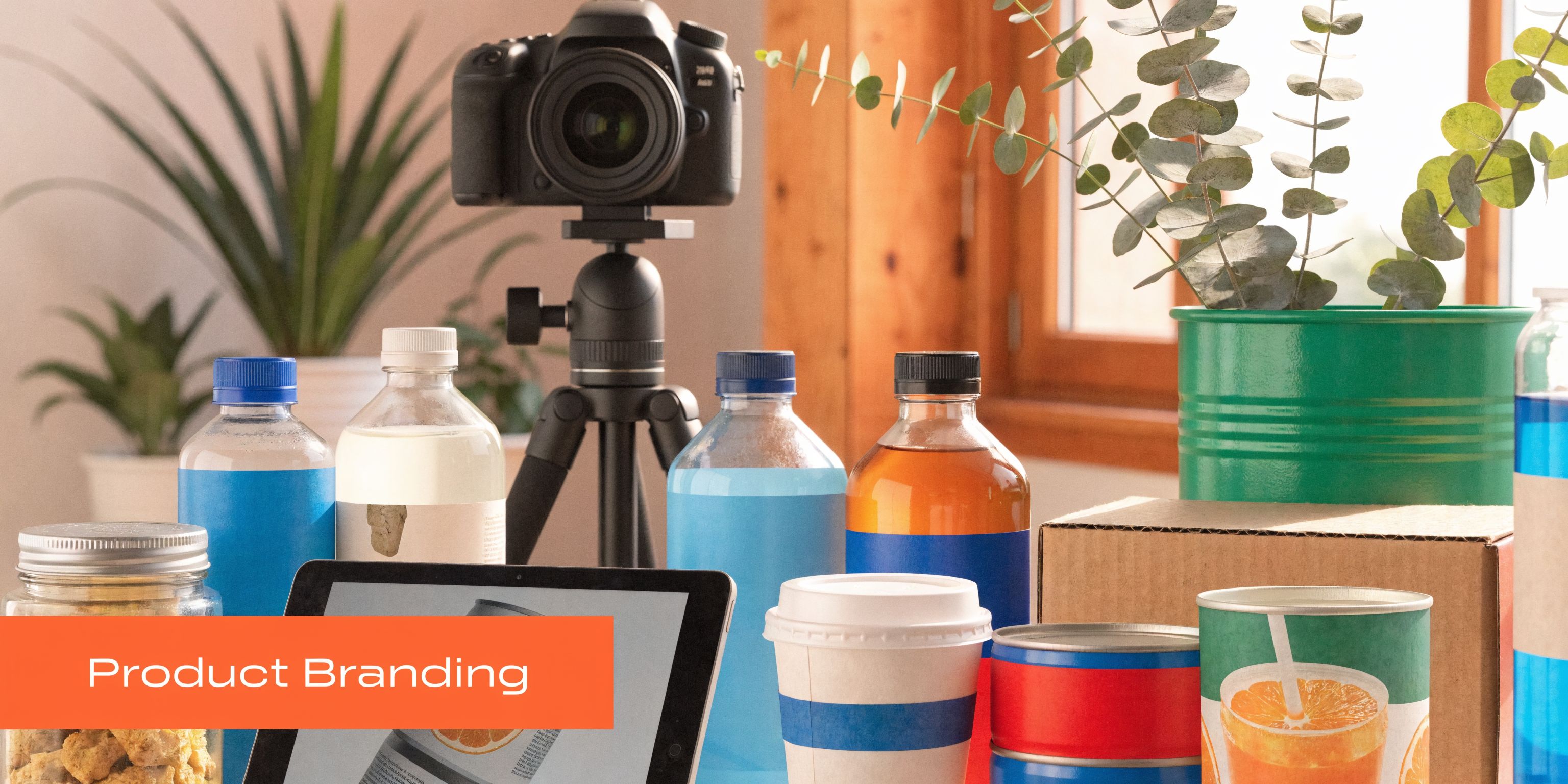 Professional product photography setup featuring bottles, containers, and a camera on a tripod for commercial branding